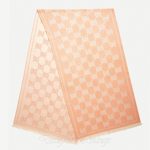 NEW GUCCI GG Jacquard Wool Scarf in Beige And Pink $590 Authentic - Picture 7 of 8